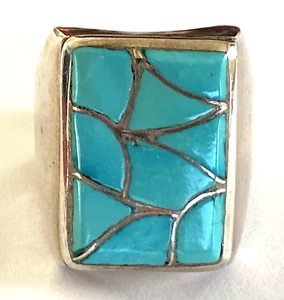 ELB Emma Bonney Turquoise Inlay FishScale Men's Ring Sterling 18.73gr Size 8.75 - Picture 1 of 15