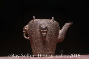 6.4" Old Chinese Qing Dynasty Iron 3 Beast Animal Head Ear Wine Tea Pot Flagon - Picture 1 of 9