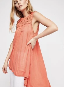 Free People Perfect Day Maxi Top Crochet Trim Drawstring Hi Lo Hem Coral S NEW - Picture 1 of 6