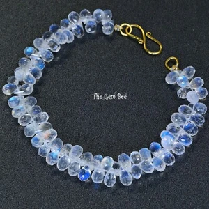 18K Solid Yellow Gold Finest Faceted Blue Flash Moonstone Bracelet 7.2 INCH - Picture 1 of 10