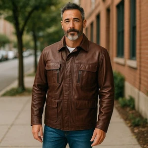 The Pierce Arrow Vintage Uomo Vestito Giacca Pelle Tg Grande Foderato Media Lunghezza - Foto 1 di 6