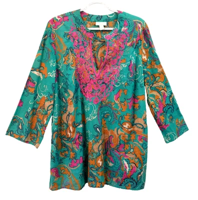 Charter Club Women's Embroidered Tunic V-Neck Cotton Turquoise Pink Top - 14 - Image 1 of 4