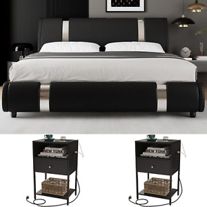 King Size Bed Frame Headboard Black Bedroom Set Furniture 2 Charging Nightstands