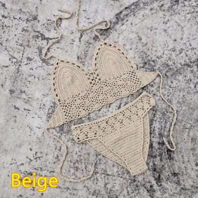 Hecho a mano Crochet Encaje Tejido Sujetador Boho Mujeres Traje de baño Playa Bikini Conjunto con Almohadilla de Sujetador Foto 1 de 4