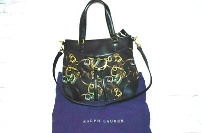 Bolso de Mano Ecuestre Ralph Lauren Etiqueta Púrpura Cuero Lona Negro RARO $795 Foto 1 de 4