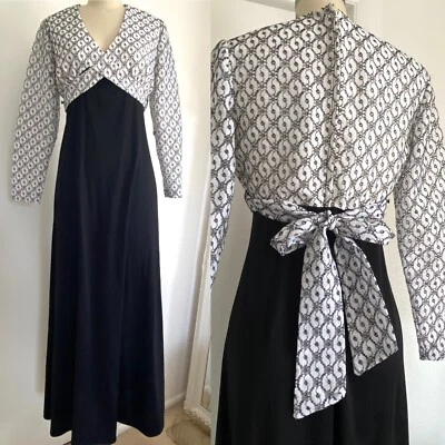 Maxi Vestido Boho Vintage Años 70 Negro + Blanco Ojales Encaje Corbata Espalda Talla S/M Foto 1 de 4