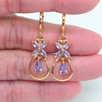 18K Yellow Gold Filled Women Purple Mystic Topaz Flower Bowknot Dangle Earrings - Image 1 of 4