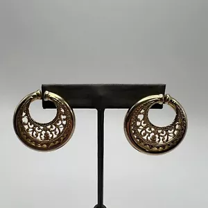 Vintage Pierced Earrings Gold Tone Filigree Open Metalwork Large Statement - Picture 1 of 10