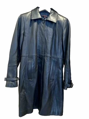 Chaqueta de cuero genuino Anne Klein para mujer abrigo negro trinchera botones ocultos talla S Foto 1 de 4
