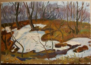 Ukrainian Soviet Oil Painting impressionism landscape last snow spring - Picture 1 of 7