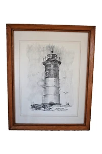 Nauset Lighthouse Sketch by George Richardson Eastham Mass 15"x12" Maple Frame - Picture 1 of 10
