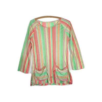 Vtg 70s Knit Nylon Stripe Top Slinky Thin Tunic Raglan Pockets Retro Green M L - Image 1 of 4