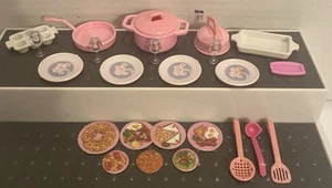 Vintage Barbie Doll Size Dishes Pink With Flower Dishes Pots Pans Cups Plates - Picture 1 of 10