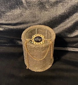 Golden Pin Brooch Black Resin Focal Gem Draped Chains - Picture 1 of 3