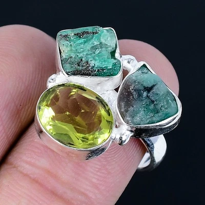 Green Aventurine Rough 925 Silver Plated Handmade Ring of US Size 8 - Image 1 of 3