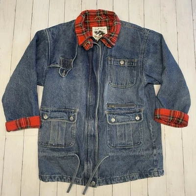 Women's Size Large Vtg 1970's East West Blue Denim Red Plaid Flannel Lined Coat - Image 1 of 4