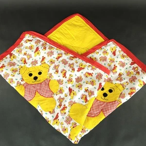 Vintage Cotton Home Made Teddy Bear Crib Quilt Red White Yellow 33 X 33" - Picture 1 of 12