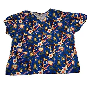 Crest Hawaii Theme Medical Scrub Top Aloha Hibiscus Island Lei Pineapple Rainbow - Picture 1 of 9
