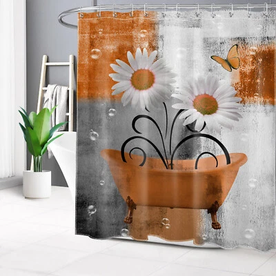 Orange Daisy Floral Grey White Geometric Shower Curtain Set for Bathroom Decor - Image 1 of 4