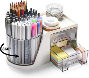 Rotating Desk Organizer with 2 Drawer, Pencil Pen Holder for Desk, Desk Organize - Picture 1 of 12