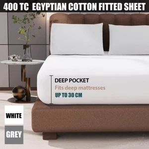 400TC Egyptian Cotton Fitted Sheet Bed Sheets Single Double King Super King Size - Picture 1 of 13