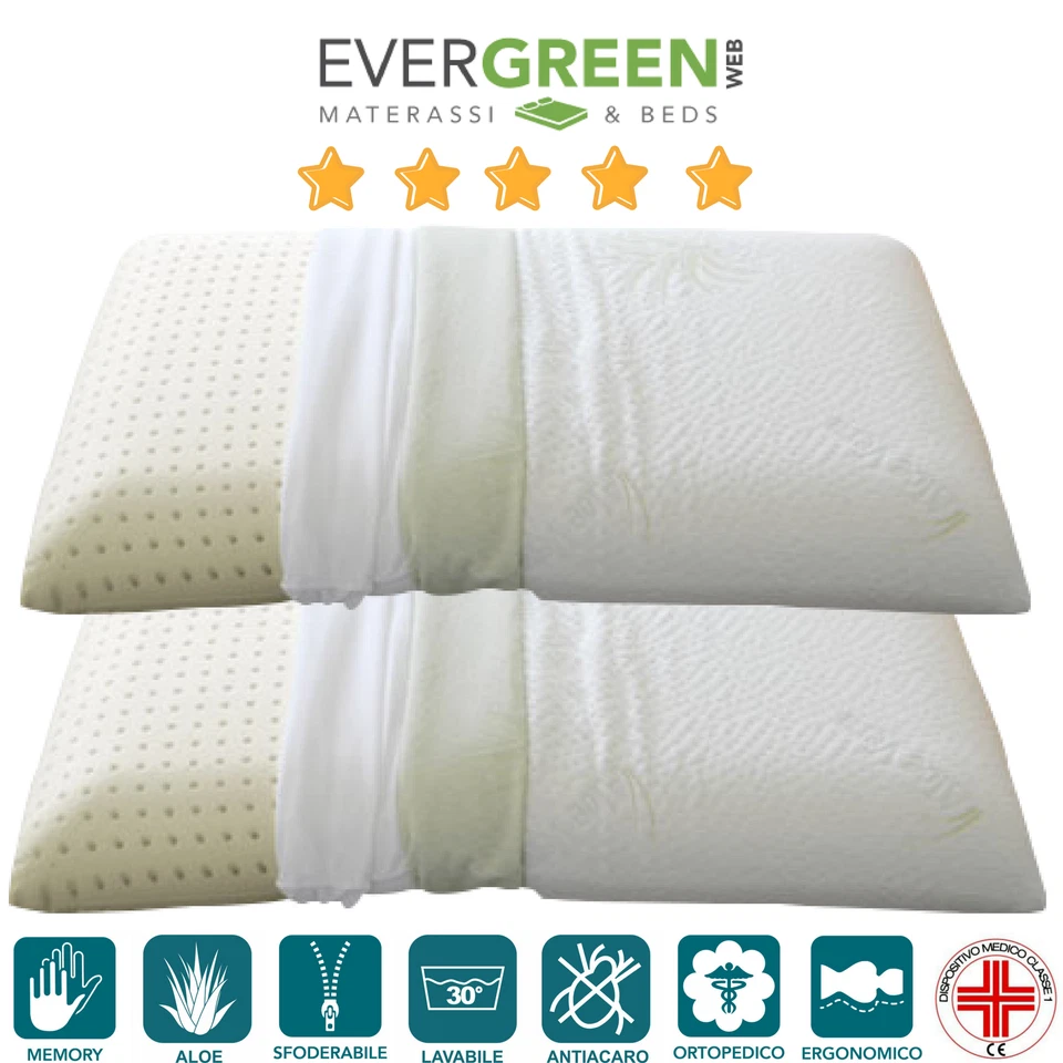 EVERGREENWEB OFFERTA COPPIA CUSCINI MEMORY FOAM Med CERVICALE H12 ALOE VERA BIO MADE IN ITALY