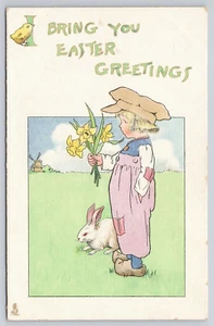 TUCK Easter Greetings Dutch Children Rabbit 751 DB Unposted Postcard (K52) - Picture 1 of 2