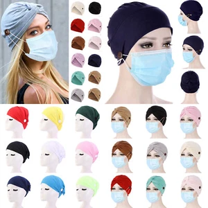 Women Cancer Chemo Cap Buttons Turban Bonnet Hat Headscarf Hijab HeadWrap Cover - Picture 1 of 45