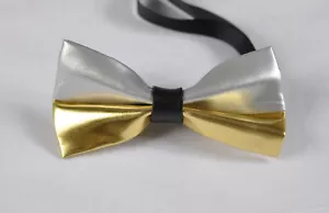Men PVC Faux Leather Silver and Gold Stitching Bow Tie Bowtie Wedding Party - Picture 1 of 3