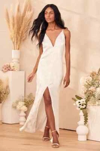 Lulus Promise My Passion White Satin Jacquard Maxi Dress V Neck Floral M - Picture 1 of 9