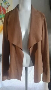 Karen Kane Womens British Tan Open Front Draped Faux Leather Jacket Sz S - Picture 1 of 12