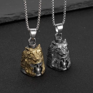 Wolf Head Skull Bell Pendant Necklace Stainless Steel Plated Gold Men Biker - Picture 1 of 8