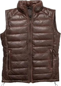 Men's Dark Brown Down and Quilted Puffer Lambskin Leather Jacket (sleeveless) - Picture 1 of 3