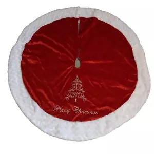 Soft Red Velvet White Fuzzy Trim Merry Christmas Round Tree Skirt 48” - Picture 1 of 5