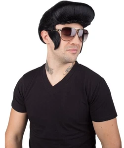 Elvis Wig – Black Rock 'n' Roll Pompadour – 50s Costume Fancy Dress Accessory - Picture 1 of 7