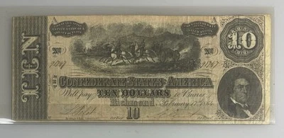 ANTIQUE 1864 $10 CONFEDERATE CURRENCY CIVIL WAR TEN DOLLAR BILL LINCOLN GRANT - Image 1 of 3
