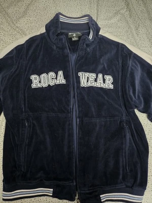 Jaqueta de pista vintage Rocawear Y2K azul escuro Suade para jovens e mulheres - Imagem 1 de 4