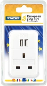STATUS UK to EU Plug, 3 Pin to 2 Pin European 2 Port USB Travel Adaptor, White, - Picture 1 of 3