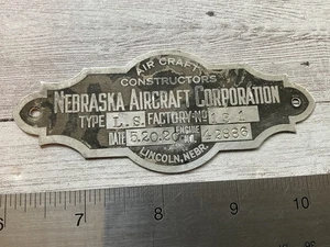 ORIGINAL POST WWI NEBRASKA AIRCRAFT CORP LINCOLN STANDARD DATA SPEC NAME PLATE - Picture 1 of 2