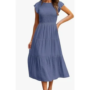 #3NWT Merokeety Medium Blue Midi Dress Smocked Top Flutter Sleeves Size XS - Picture 1 of 3
