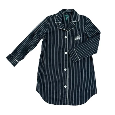 Camisa para dormir Ralph Lauren para mujer M negra a rayas con monograma de algodón PJ con botones Foto 1 de 4
