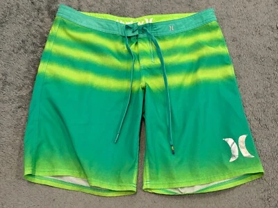 Pantalones Cortos Hurley Board Juveniles Talla XL Verde Amarillo Cordón Rayas Playa Surf Foto 1 de 4