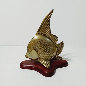 Vintage Brass Angel Fish Statue Wooden Base Korea 7.5"×6.5" - Picture 1 of 13