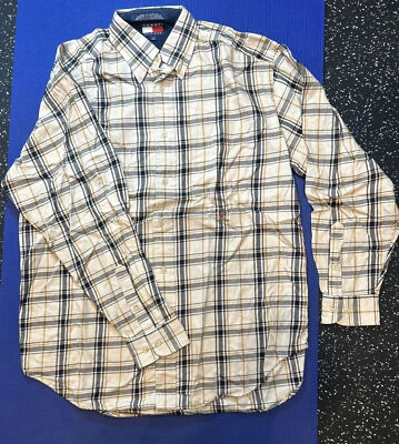 NWOT Tommy Hilfiger Mens S Black/Gold/Cream Plaid Long Sleeve Button Down Pocket - Image 1 of 4