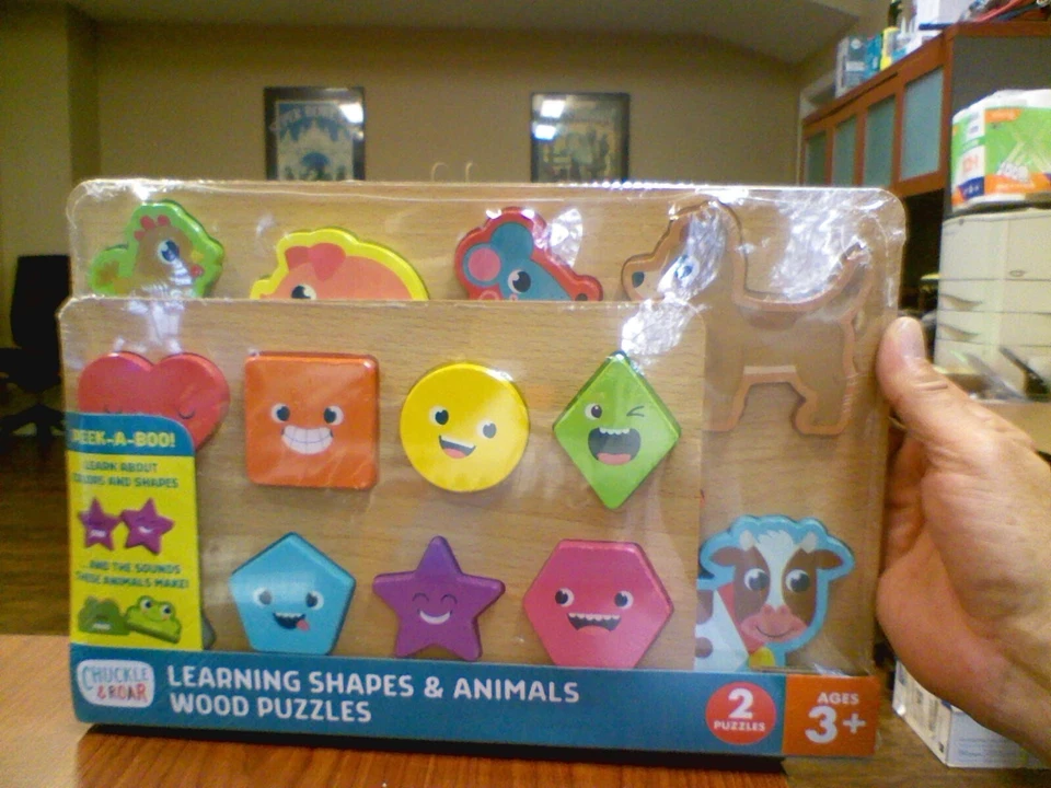 Chuckle & Roar Premium Wooden Puzzle 2 in 1 Shapes and Animals Learning Toy