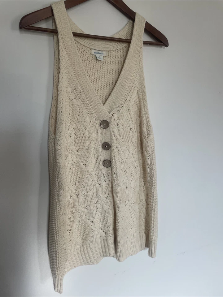 Sundance Kenzie Cable Tejido Sin Mangas Top Cuello en V Marfil Talla Lg Botón Costa Boho Foto 1 de 4