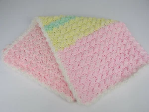 NEW Hand Made in USA Crocheted Baby Blanket In Pastel Pink,Yellow,Green 24"x 26" - Picture 1 of 5