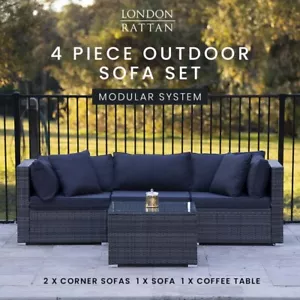 LONDON RATTAN Outdoor Lounge Setting 3 Seater 4pc Modular Sofa Furniture Wicker - Picture 1 of 9