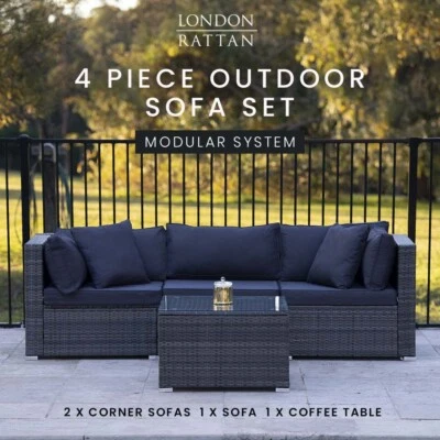 LONDON RATTAN Outdoor Lounge Setting 3 Seater 4pc Modular Sofa Furniture Wicker - image 1 of 4