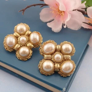 Vintage 1990's Simulated Pearl Maltese Cross Gold Tone Pierced Earrings By 1928 - Picture 1 of 5